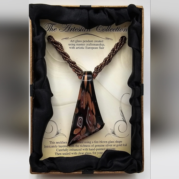 Murano Glass Stretched Millefiori Pendant, Dichroic Copper Fluss Art Glass on Br - Picture 2 of 6